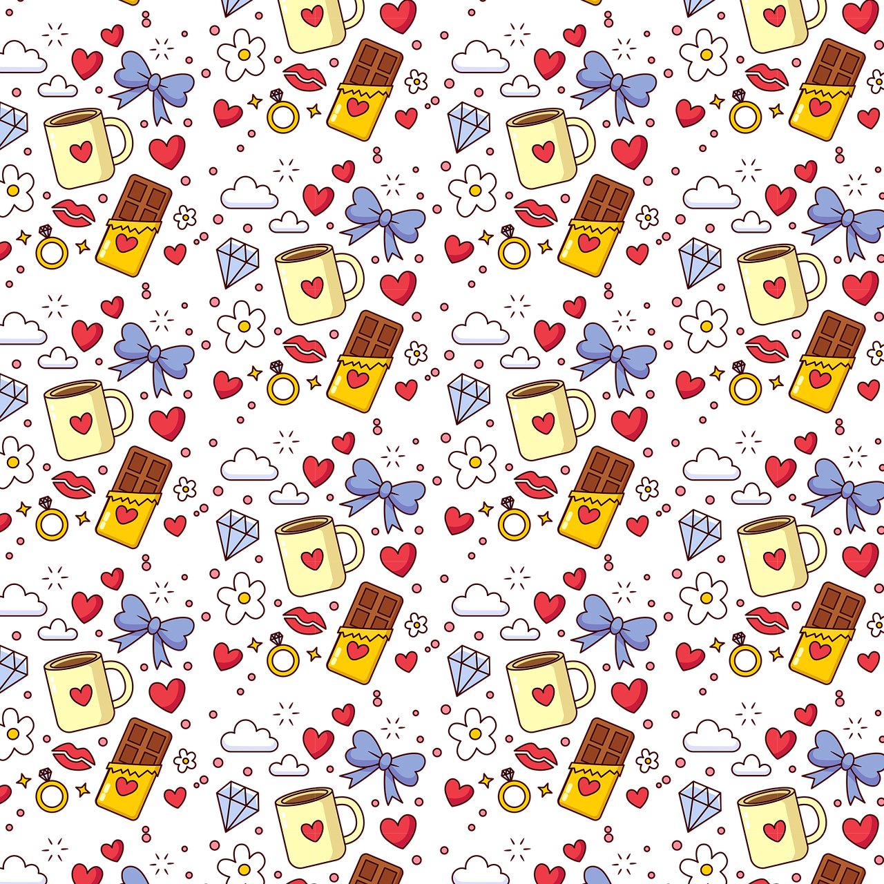 a pattern of coffee mugs and hearts on a black background, tumblr, 🪔 🎨;🌞🌄, flowers background, sweets, checkered pattern