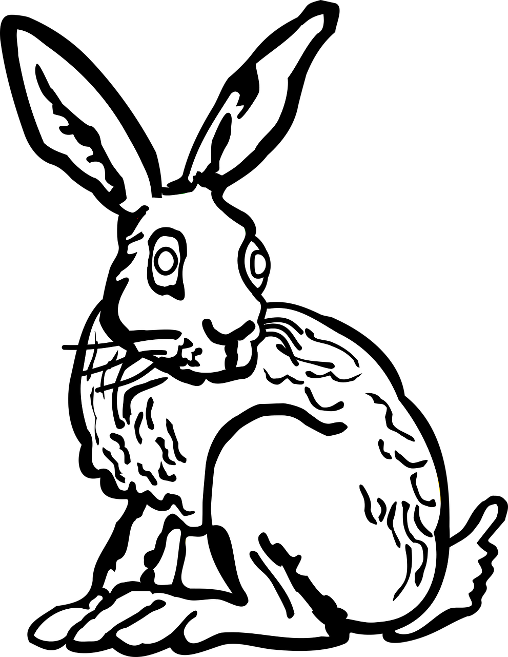 a black and white drawing of a rabbit, lineart, inspired by Sir John Tenniel, pixabay, ascii art, black backround. inkscape, vibrant high contrast coloring, looking threatening, everyone having fun