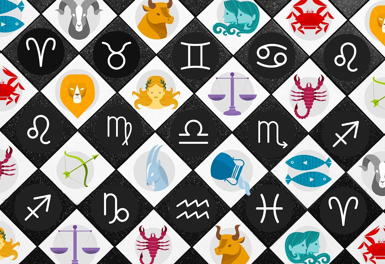 a black and white checkered background with zodiac signs, colorful signs, chess, brittney lee, libra symbol