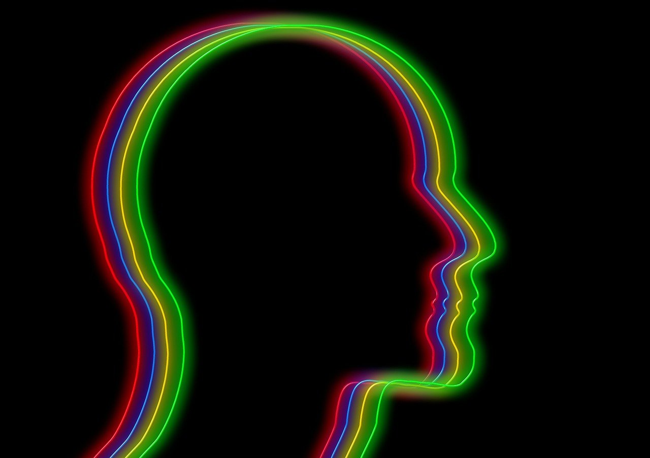 a neon colored silhouette of a person's head, a raytraced image, rainbow line - art, face photo