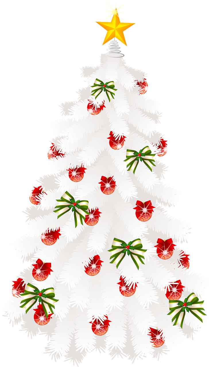 a white christmas tree with a star on top, a digital rendering, sōsaku hanga, ornamental bow, black white and red colors, trees and flowers, twintails white_gloves