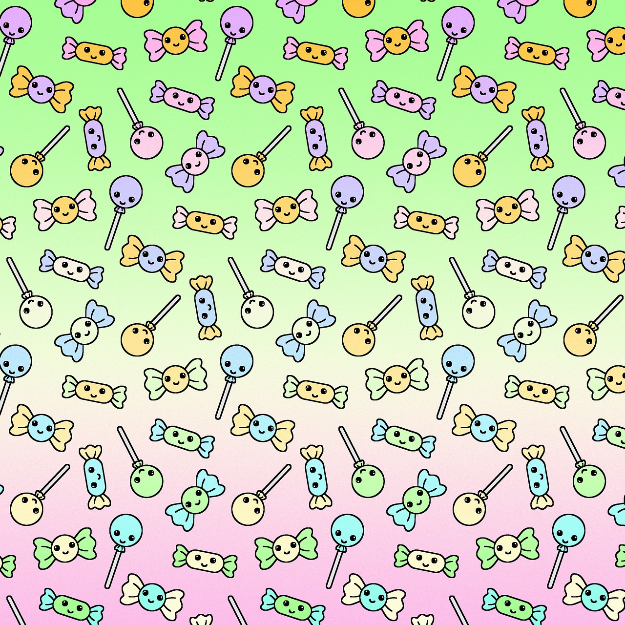 a bunch of different colored candies on a green and pink background, a pastel, inspired by Peter Alexander Hay, gothic background, colored manga panel, gradient darker to bottom, cute skeleton