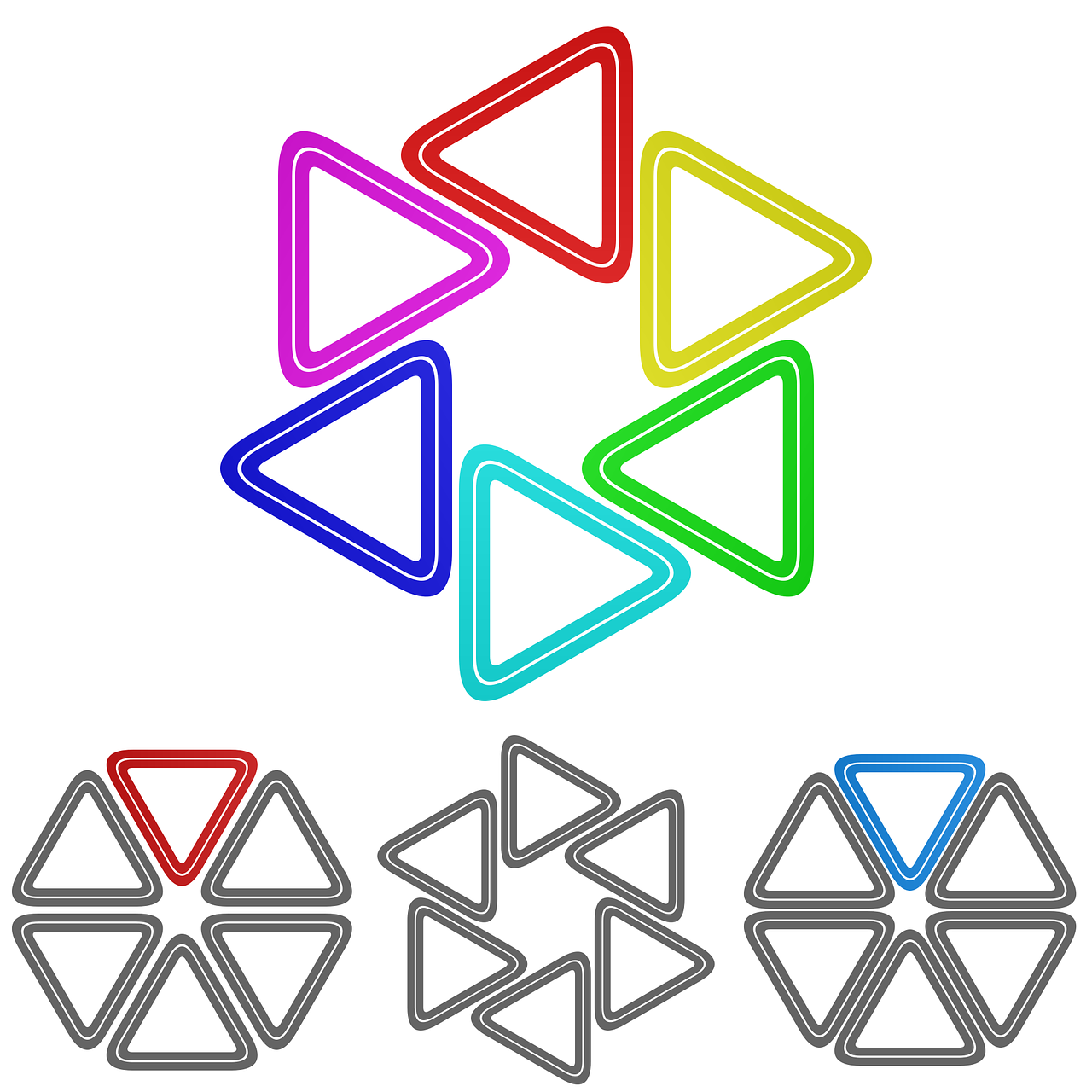 a set of four different colored arrows, by Ivan Trush, abstract illusionism, neon outline, triangle inside circle, tripod, 6 colors