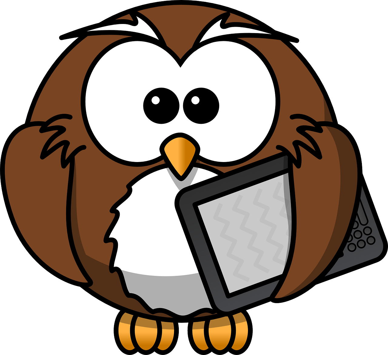 a cartoon owl holding a tablet computer, inspired by Masamitsu Ōta, pixabay, pet animal, stock photo, with a laptop on his lap, brown hair and large eyes