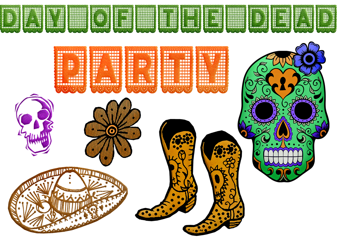 a collection of mexican themed items on a black background, a digital rendering, inspired by Dave Arredondo, trending on pixabay, dada, valley of the damned background, daisy dukes, header with logo, graphic 4 5