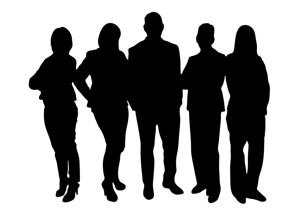 a group of people standing next to each other, trending on pixabay, black silhouette, serious business, various posed, wikipedia