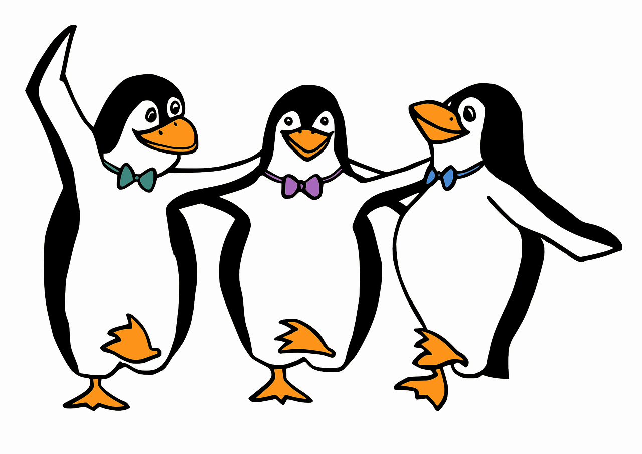 a couple of penguins standing next to each other, an illustration of, pixabay, mingei, three animals, dancing with each other, black tie, cel shaded:15