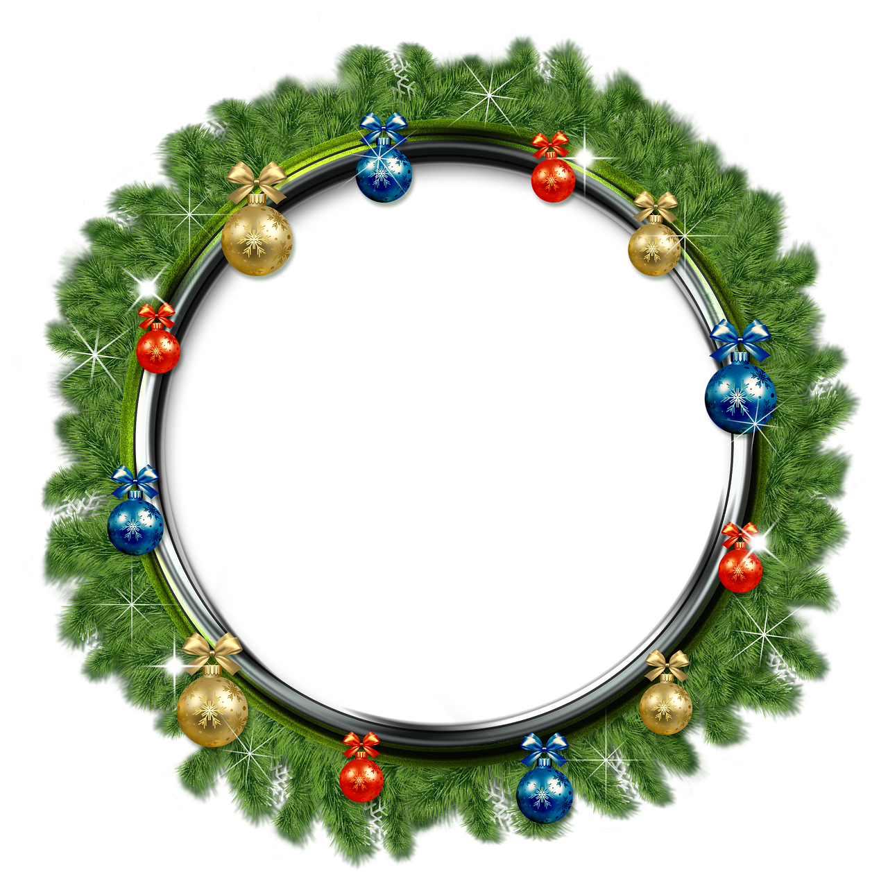 a christmas wreath with ornaments on a black background, a digital rendering, circles, register, sparkling dark jewelry, circular planet