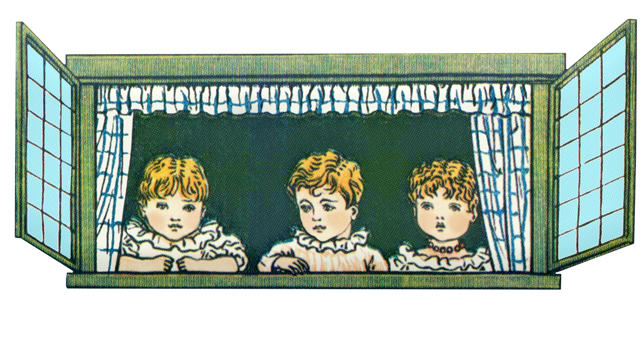 a picture of two children looking out of a window, a digital rendering, by Kate Greenaway, arts and crafts movement, 3 actors on stage, 1 6 mm film vignette, panoramic view of girl, colored woodcut