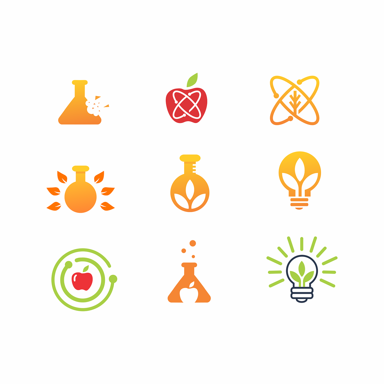 a collection of science related icons on a white background, by Daniel Schultz, synthetism, simple logo, apple, vibrant scene, alchemy concept