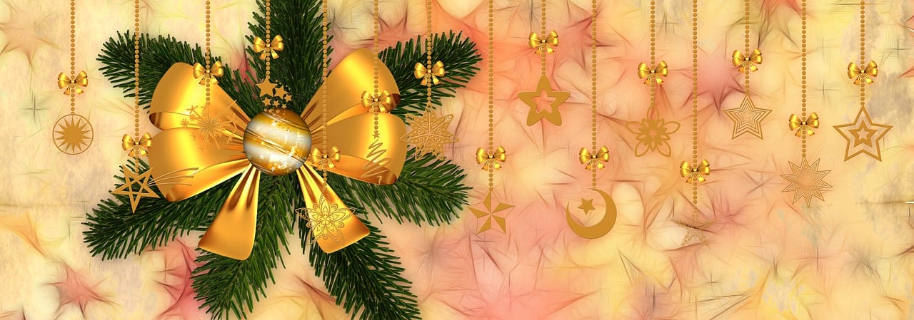 a close up of a christmas tree with a bow, by Marie Bashkirtseff, trending on pixabay, digital art, golden treasures on the walls, pale orange colors, wind chimes, star