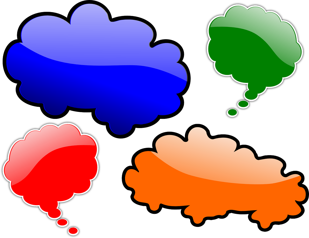 a set of four different colored speech bubbles, a digital rendering, by Samuel Scott, clearly defined outlines, thinker, reflection, balloon