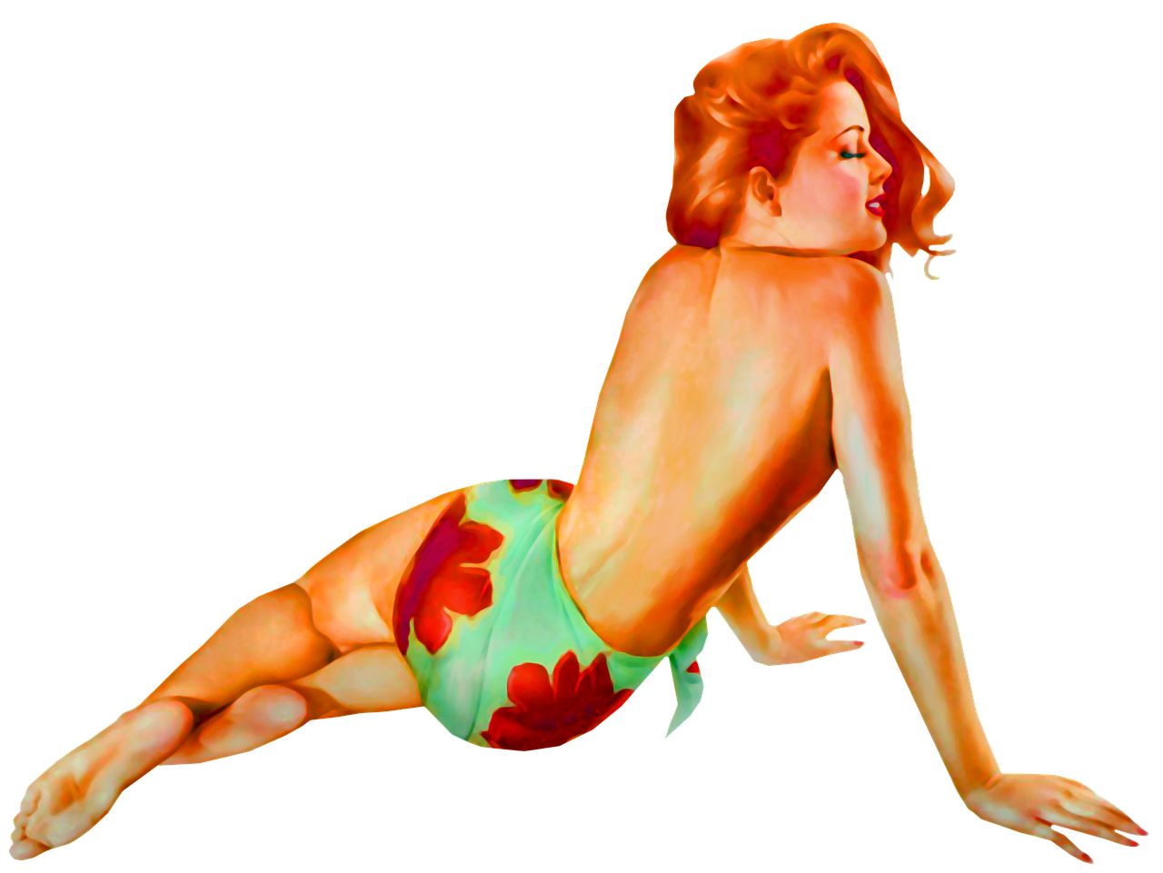 a painting of a woman in a bathing suit, an airbrush painting, inspired by Alberto Vargas, flickr, pop art, poison ivy, lower back of a beautiful, very artistic pose, crawling