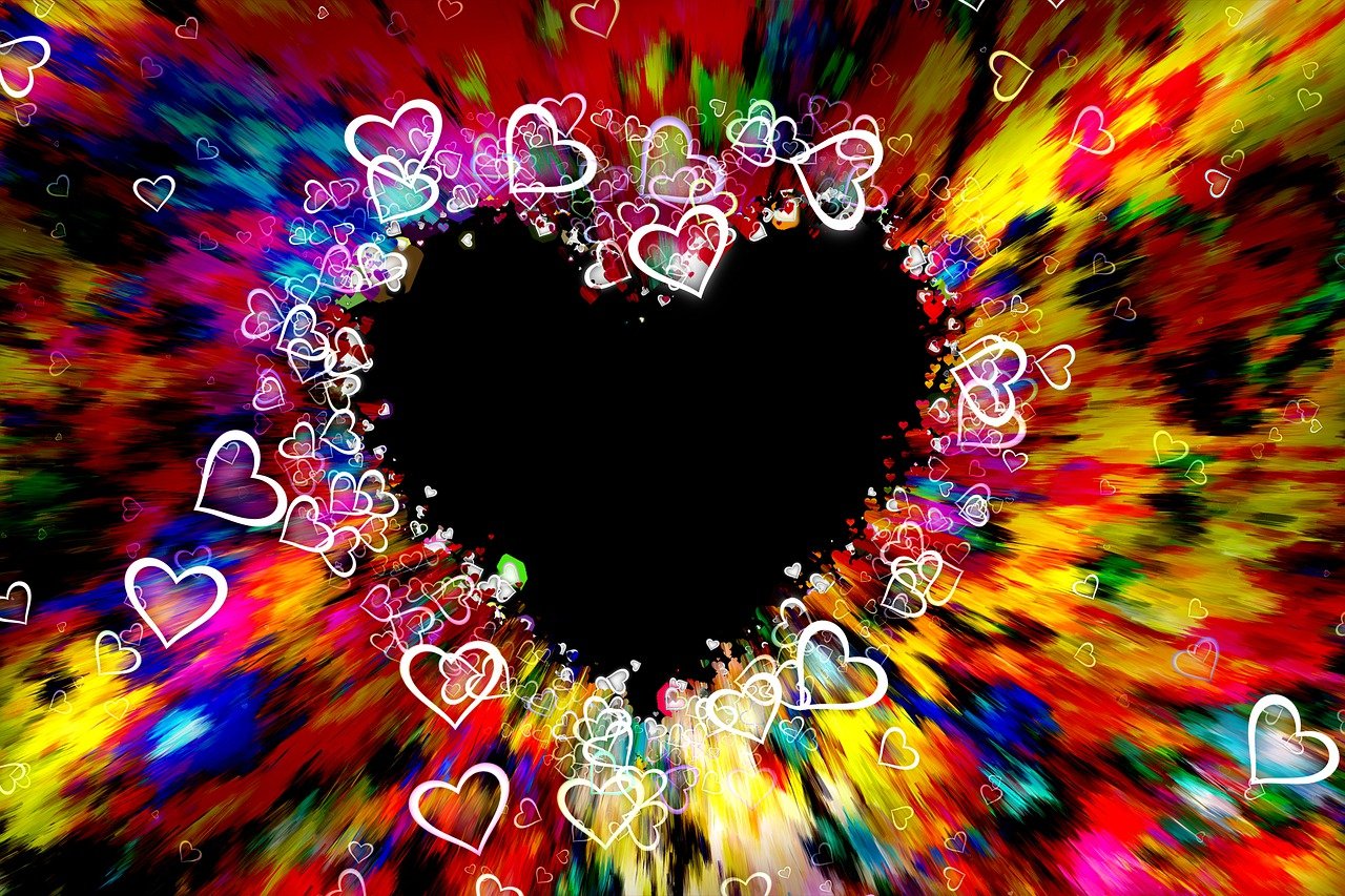 a heart surrounded by many different colored hearts, by Marie Bashkirtseff, flickr, computer art, dark color. explosions, tie-dye, black!!!!! background, colorful”