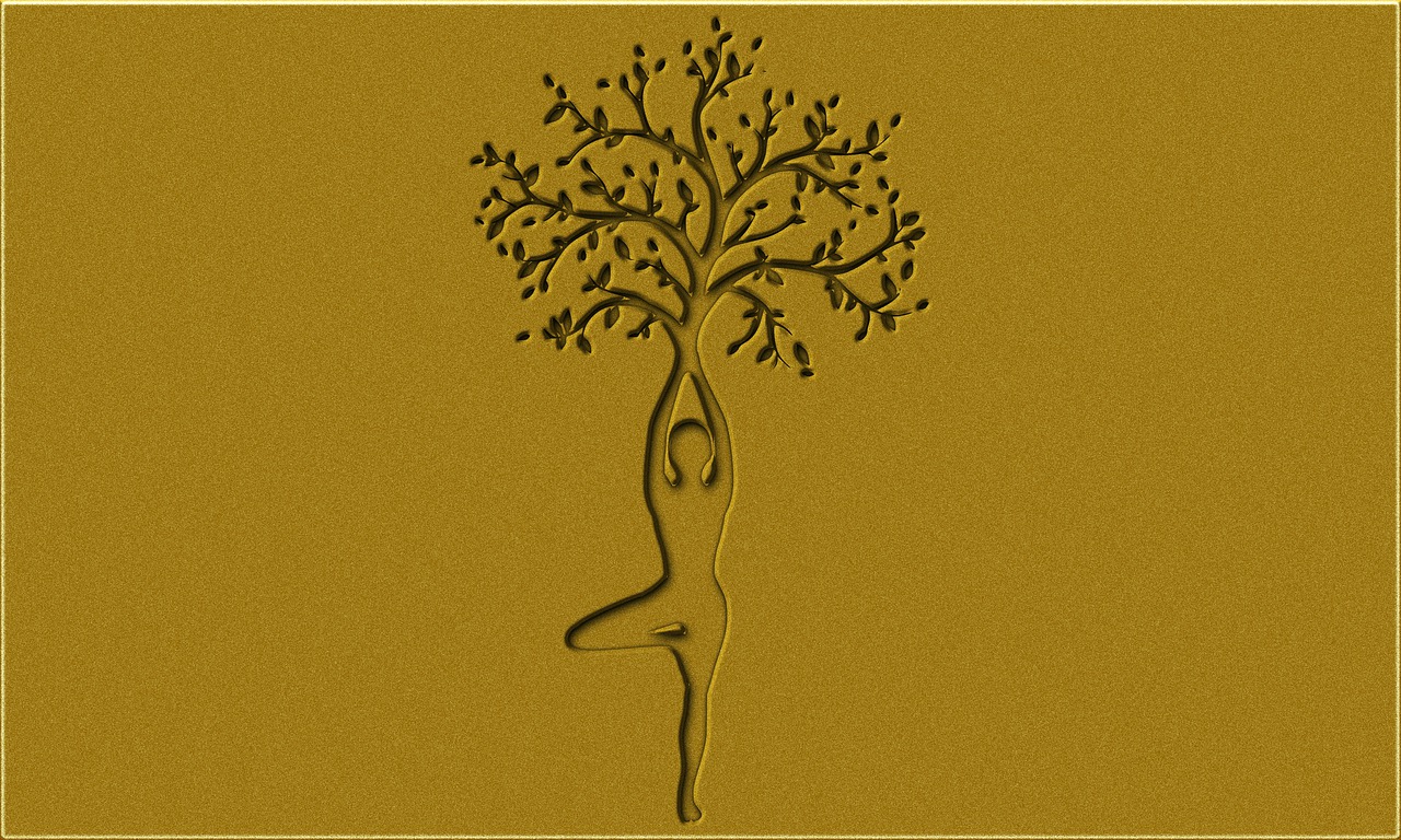 a drawing of a person doing yoga under a tree, a digital rendering, by Nam Gye-u, trending on pixabay, golden wood carved in relief, solid color background intricate, perfect female body silhouette, silicone patch design