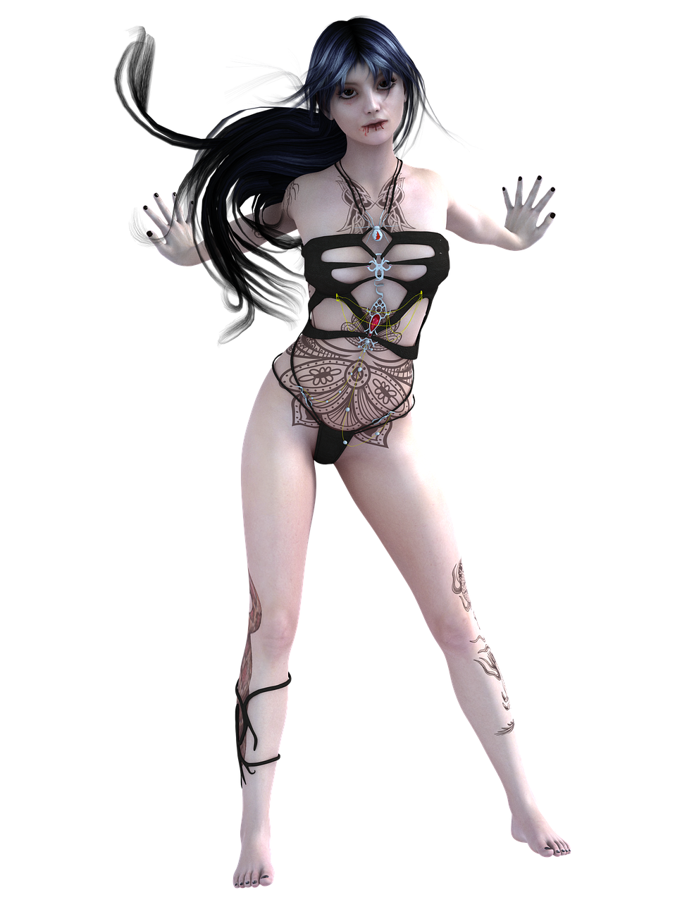 an image of a woman with tattoos on her body, a 3D render, inspired by Brom, gothic art, dark sorceress fullbody pose, pretty face with arms and legs, wearing gothic accessories, body meshes