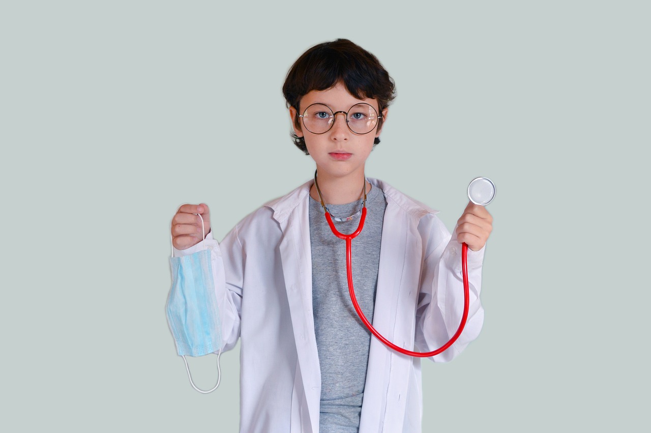a boy in a lab coat holding a stethoscope, antipodeans, high quality product image”, old man doing with mask, for kids, colorful medical equipment