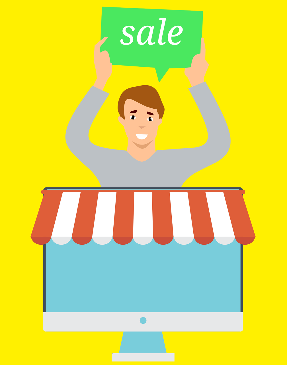 a man holding a sale sign above his head, shutterstock, conceptual art, flat color, full device, on a yellow paper, advertisement photo