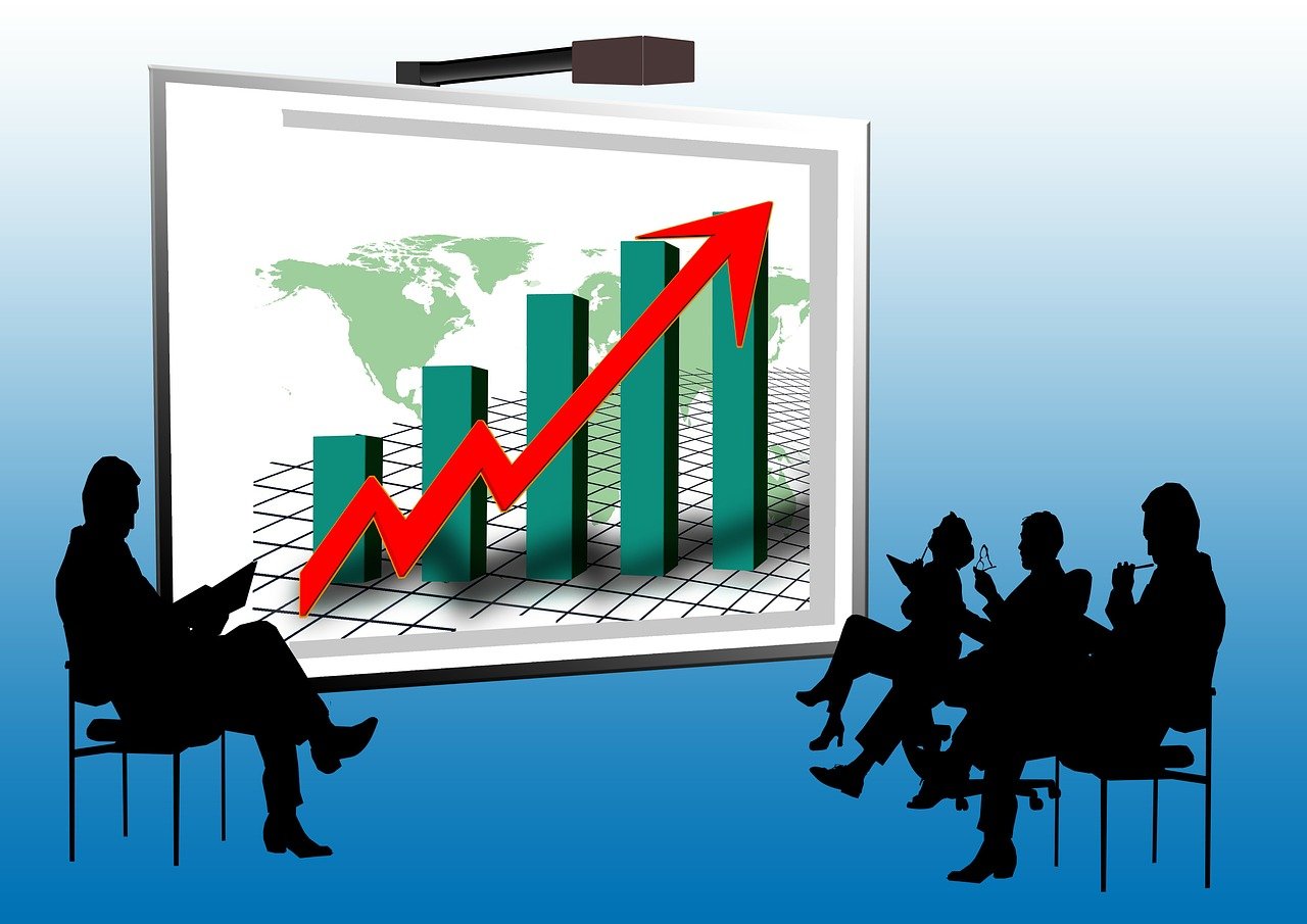 a group of people sitting in chairs in front of a projector screen, a digital rendering, trending on pixabay, analytical art, displaying stock charts, joseph todorovitch ”, book, stock photo