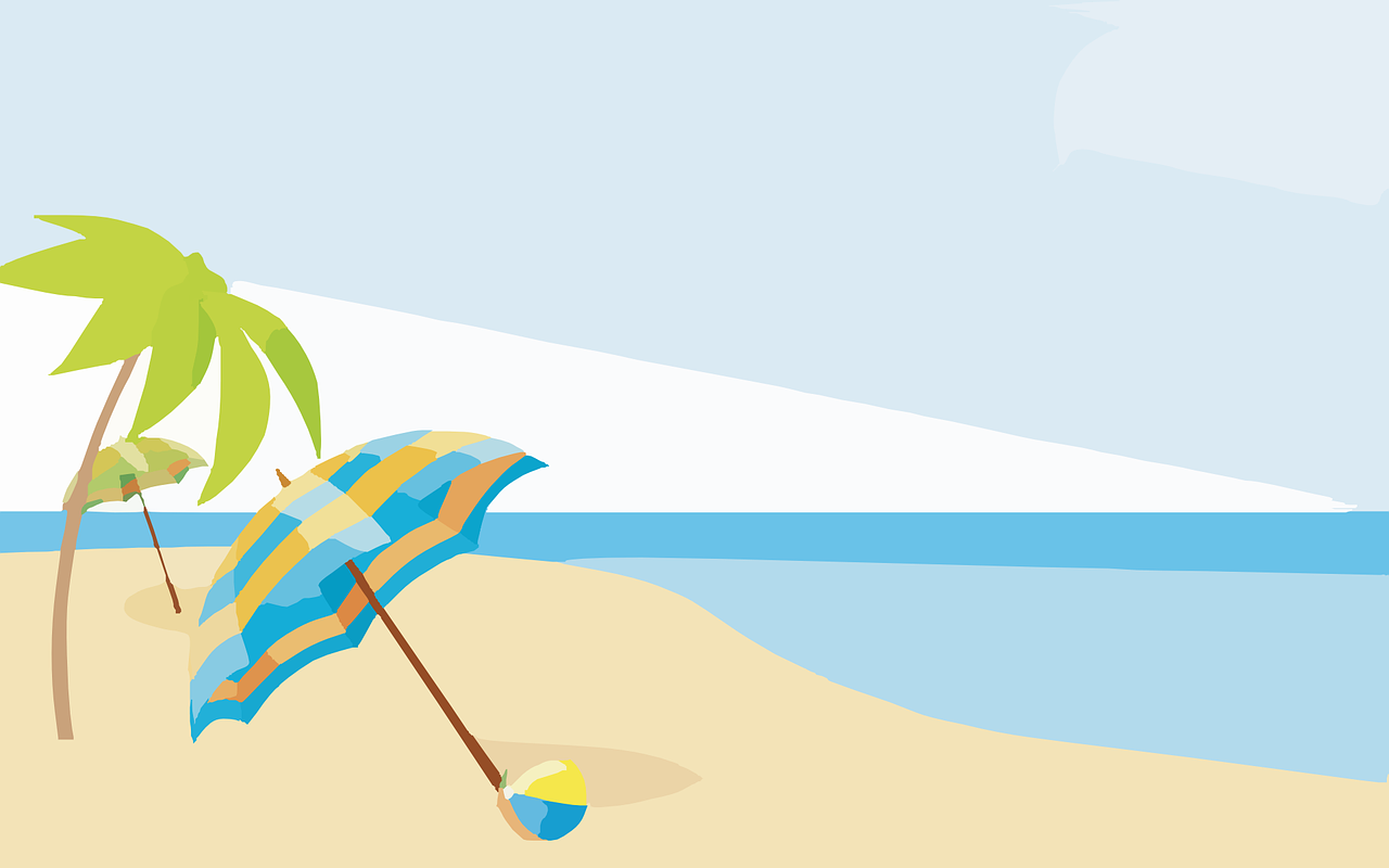 a colorful umbrella sitting on top of a sandy beach, an illustration of, header, background image, vectorised, half image