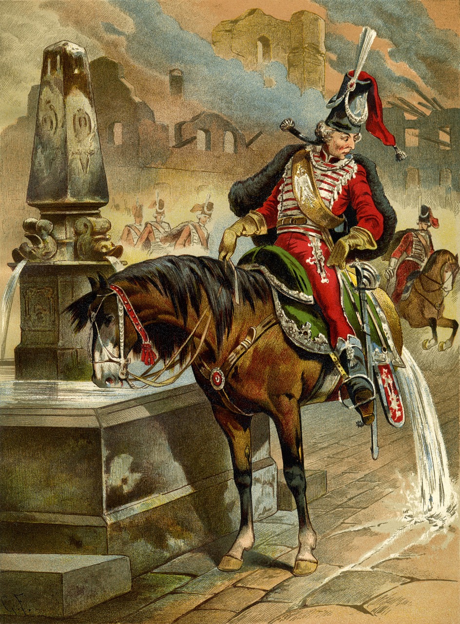a man riding on the back of a horse next to a fountain, an illustration of, by Jan Stanisławski, shutterstock, fine art, xix century military outfit, full color illustration, liege, tense look