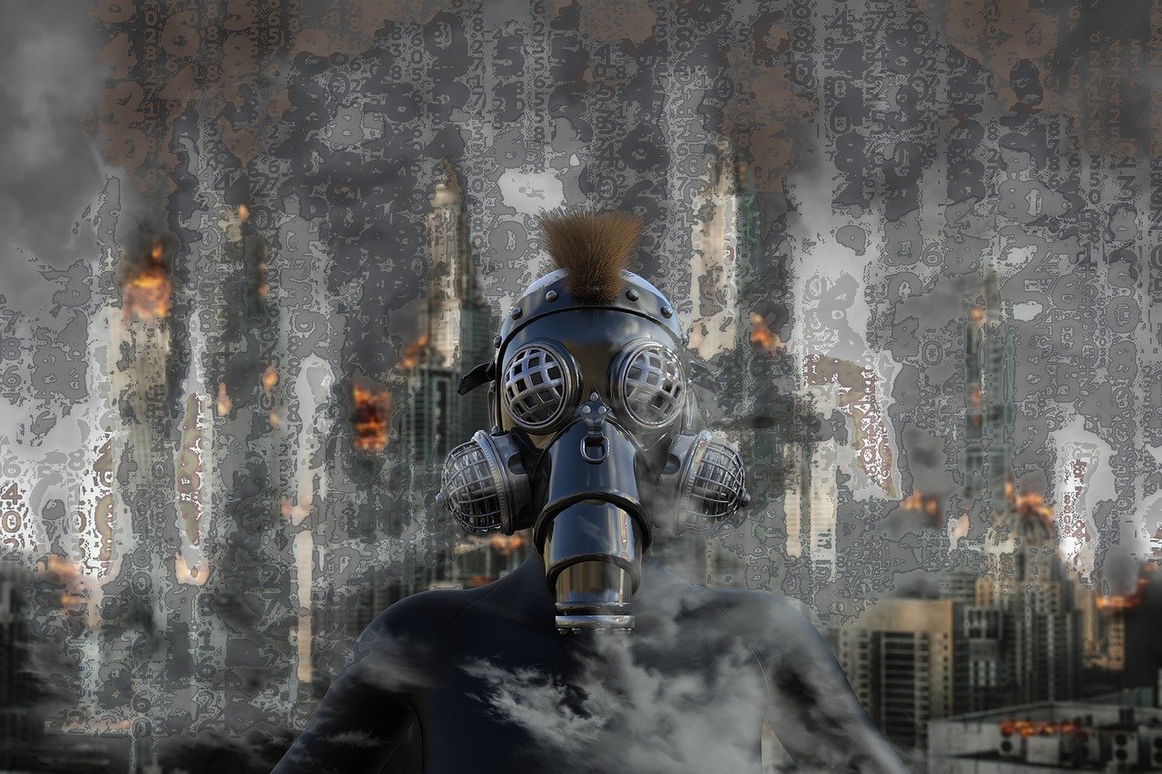 a man wearing a helmet on top of a building, inspired by Igor Morski, digital art, some of them use gas masks, burning city in background, the robot wearing her human mask, tokio futuristic in background