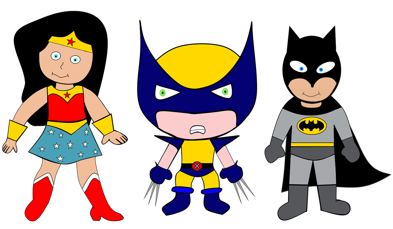 a group of cartoon characters standing next to each other, a cartoon, by Tom Carapic, pexels, pop art, the wolverine, super heroine costume, chibi, a dark