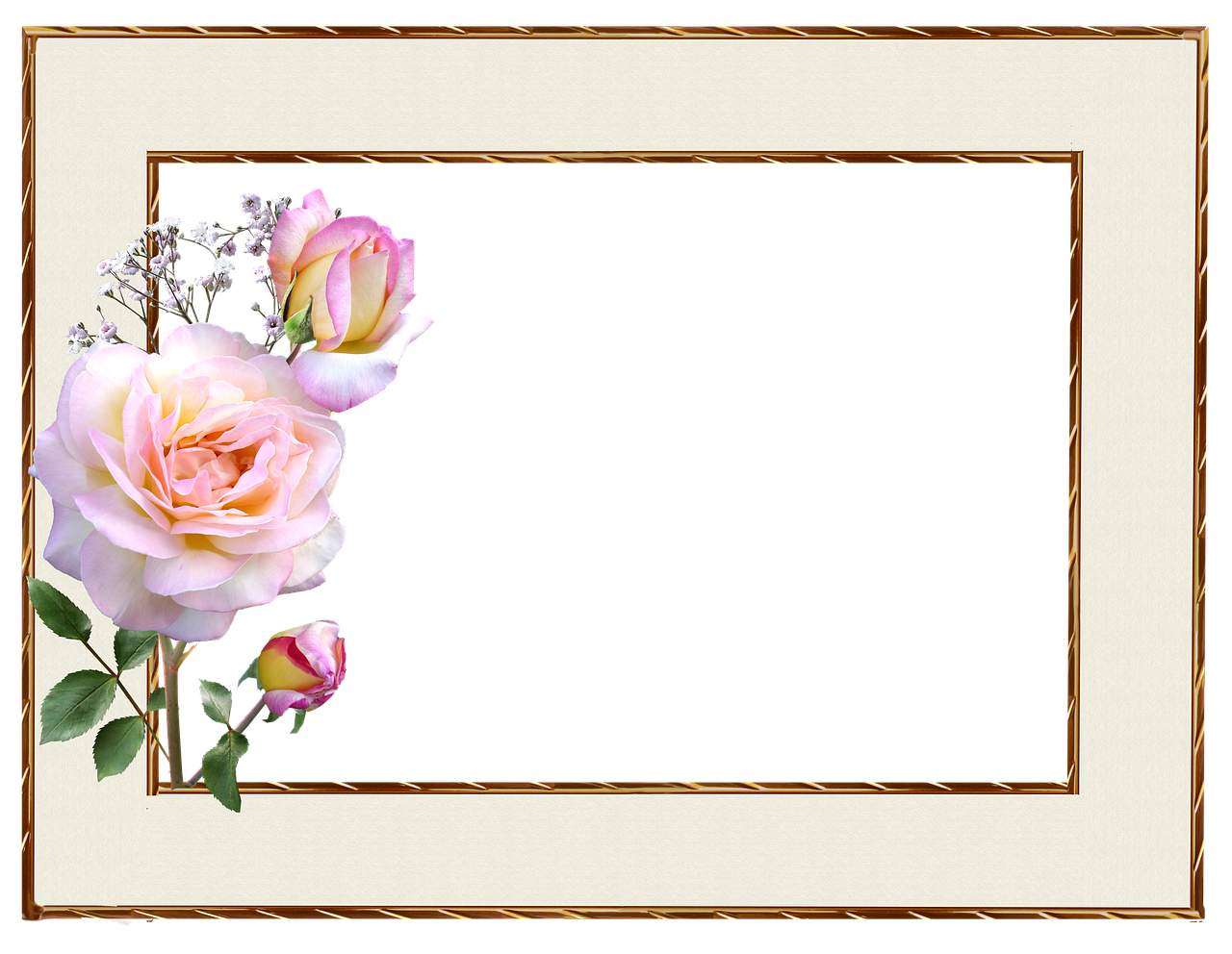 a picture frame with pink roses and baby's breath, a digital rendering, inspired by Katsushika Ōi, flickr, romanticism, the background is black, golden, background image