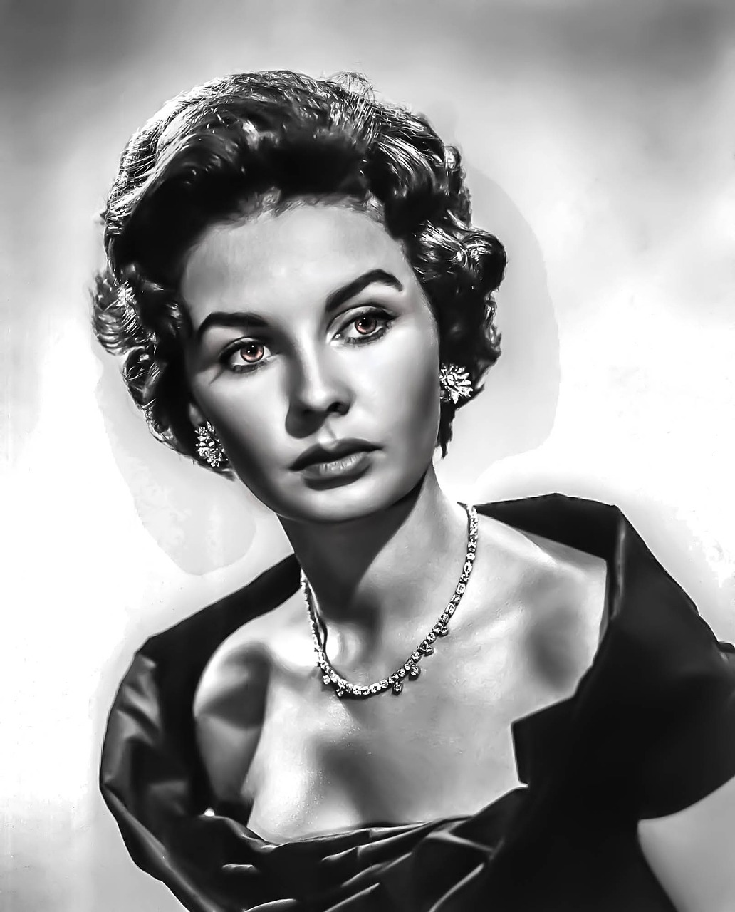 a black and white photo of a woman in a dress, a portrait, by Eugeniusz Zak, trending on pixabay, fine art, elizabeth taylor, digitally painted, susan hayward, 1954