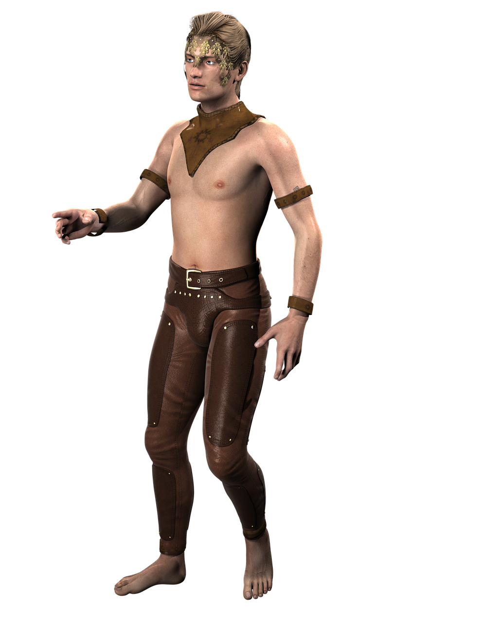 an image of a man with no shirt on, inspired by Dai Jin, zbrush central contest winner, renaissance, leather clothing and boots, 3d model rigged, skintight leather clothes, of an elden ring elf