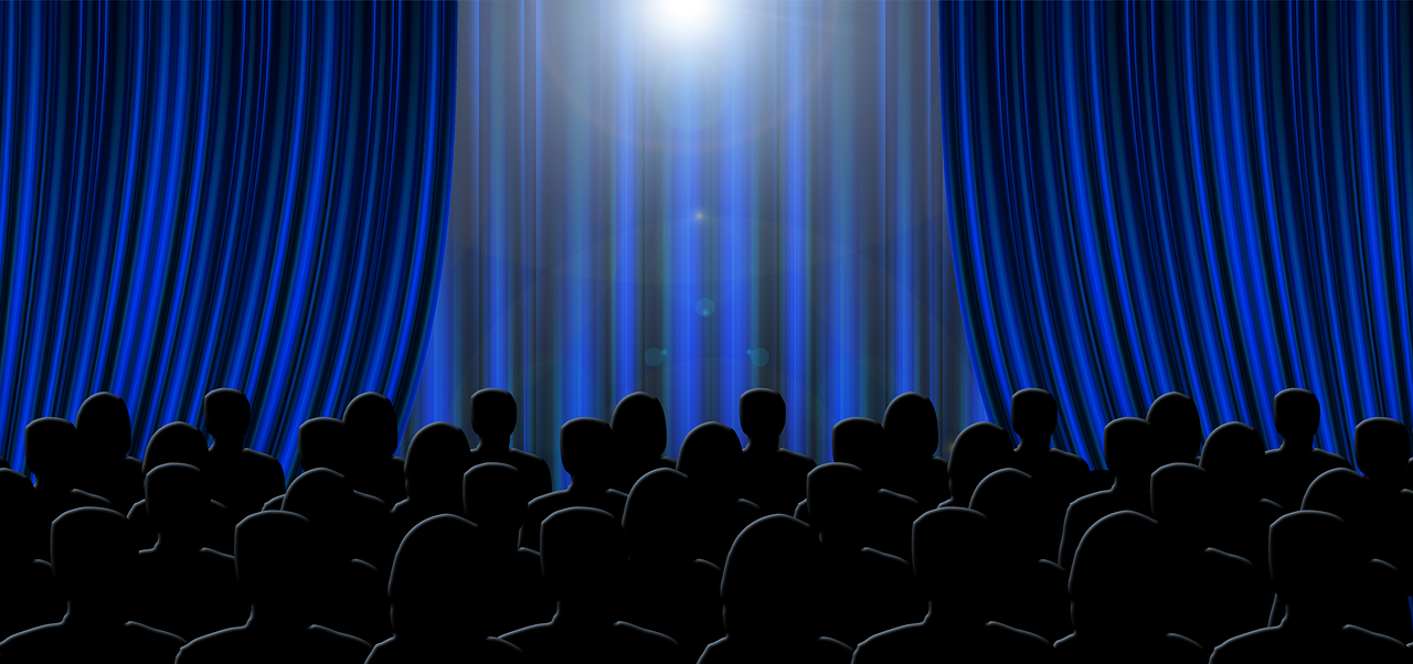 a group of people standing in front of a blue curtain, shutterstock, movie illustration, stock photo, audience in the background, stock footage