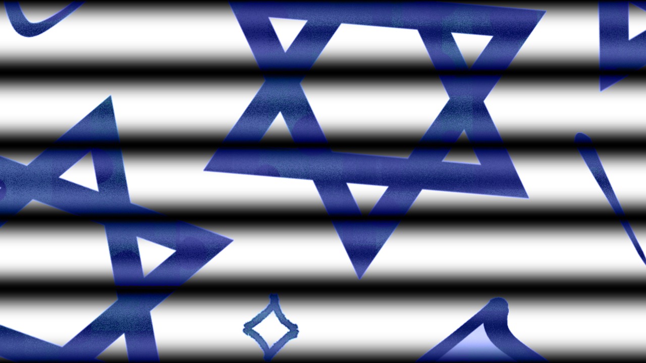 a blue star of david pattern on a black and white background, a digital rendering, inspired by Israel Tsvaygenbaum, graffiti, hazard stripes, snapchat photo, animation still, flags