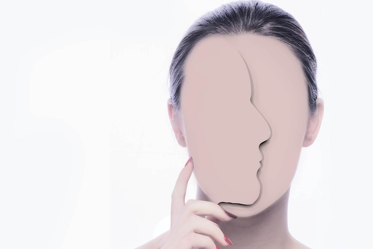 a woman with a paper cut out of her face, inspired by Rene Magritte, shutterstock, abstract illusionism, fractal human silhouette, big chin, half body photo, smooth porcelain skin
