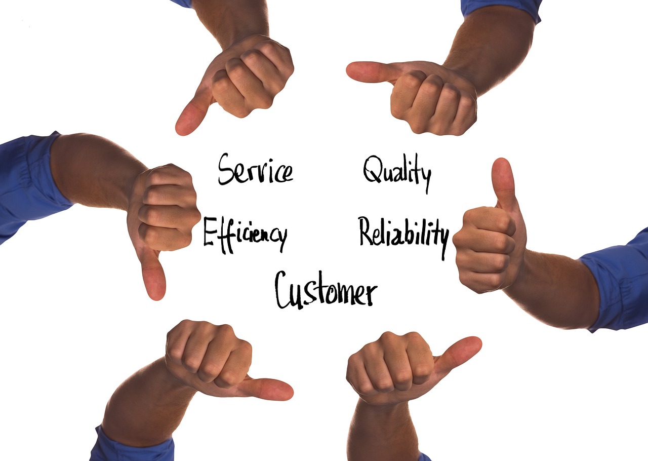 a group of people giving thumbs up with the words service quality, efficiency, reliability, customer satisfaction, a stock photo, realism, white bg, maintenance photo, detailed picture, multi-part