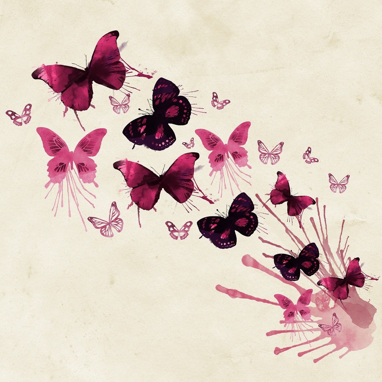 a bunch of butterflies that are flying in the air, concept art, by Nathan Wyburn, flickr, magenta colours, ink drips, vintage style, society 6