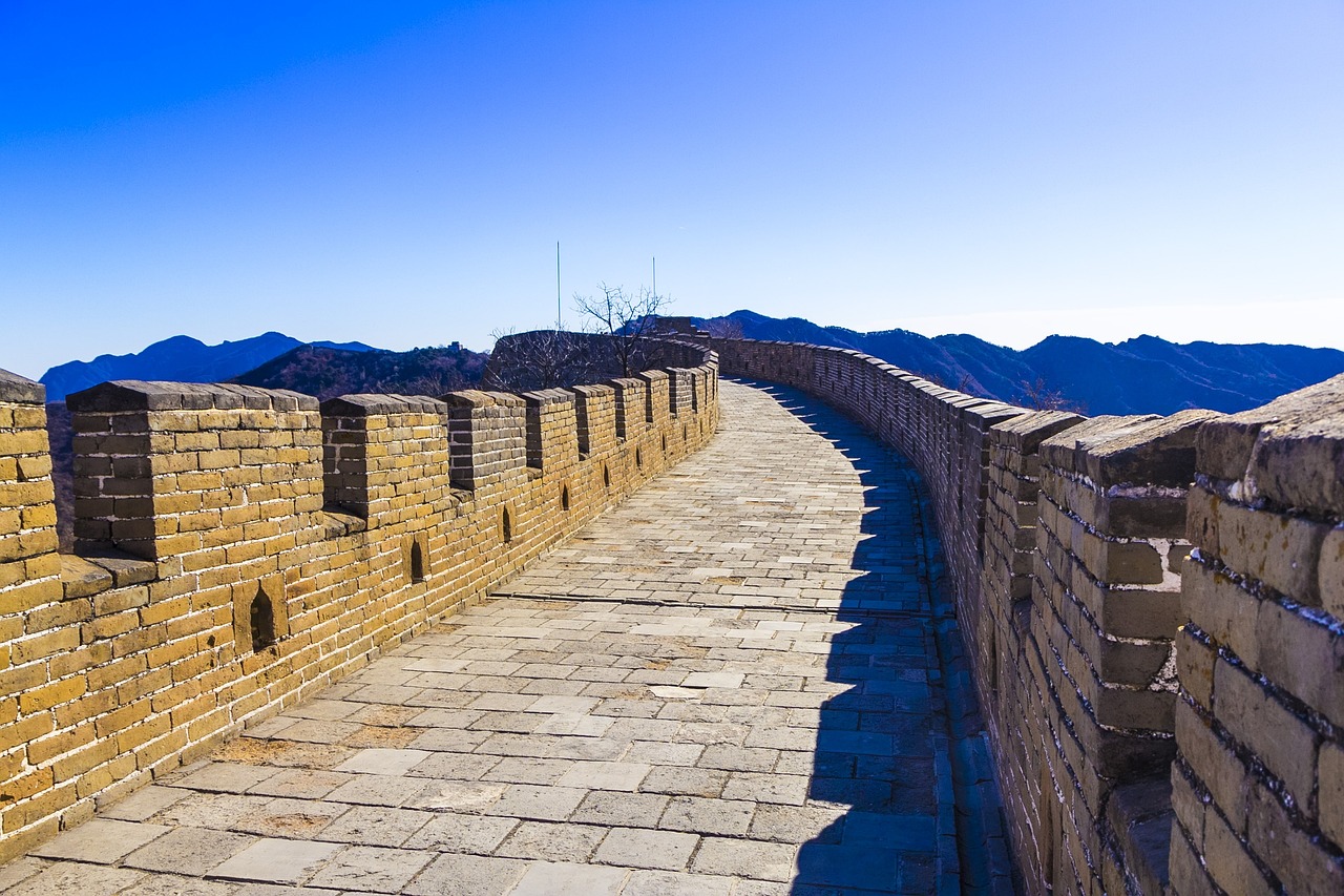 the great wall of china on a sunny day, a portrait, narrow, brick, january, center