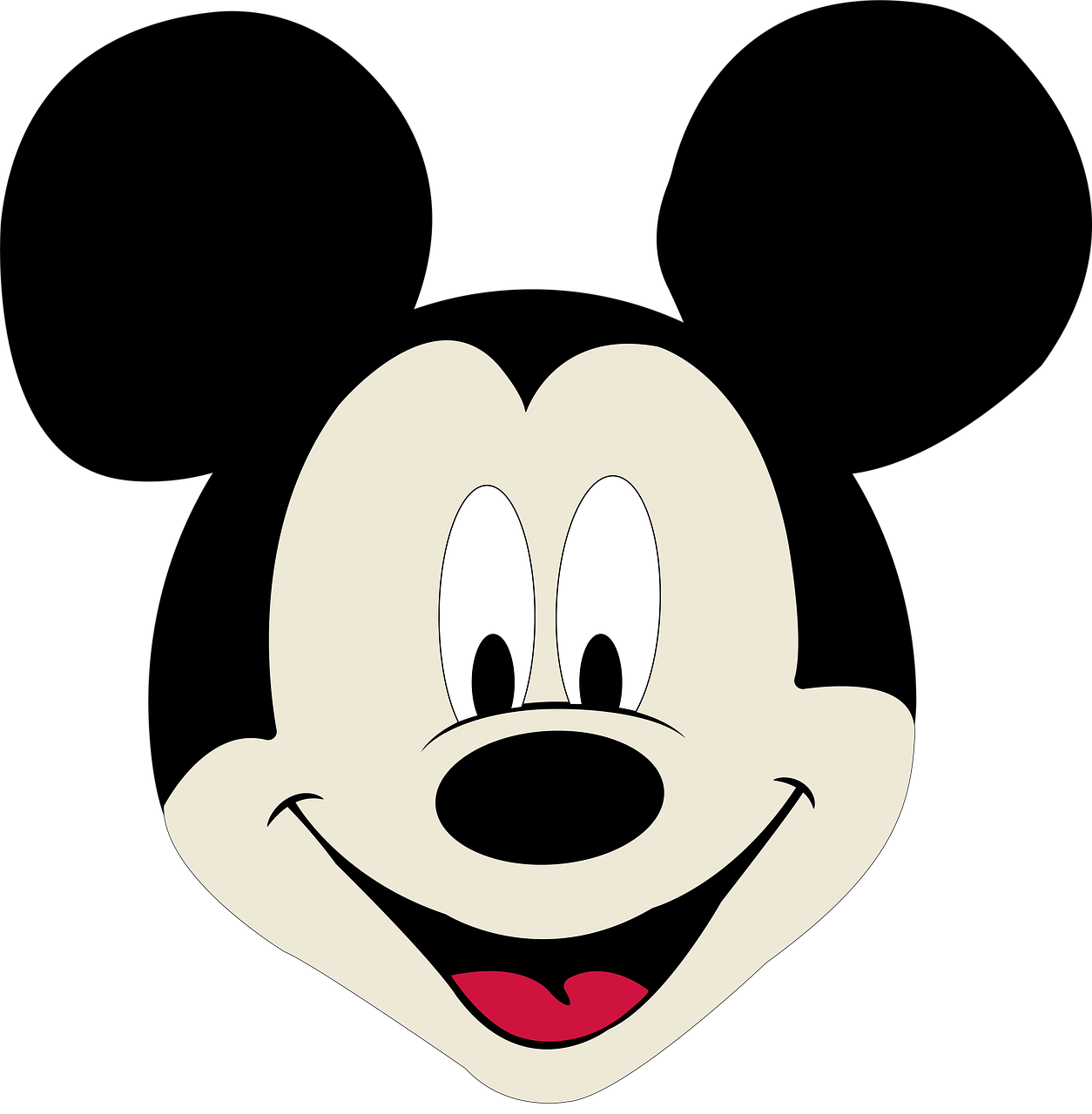 a mickey mouse face on a black background, a picture, by Walt Disney, minimalism, no gradients, smiling expression, smooth in _ the background, with wide open mouth