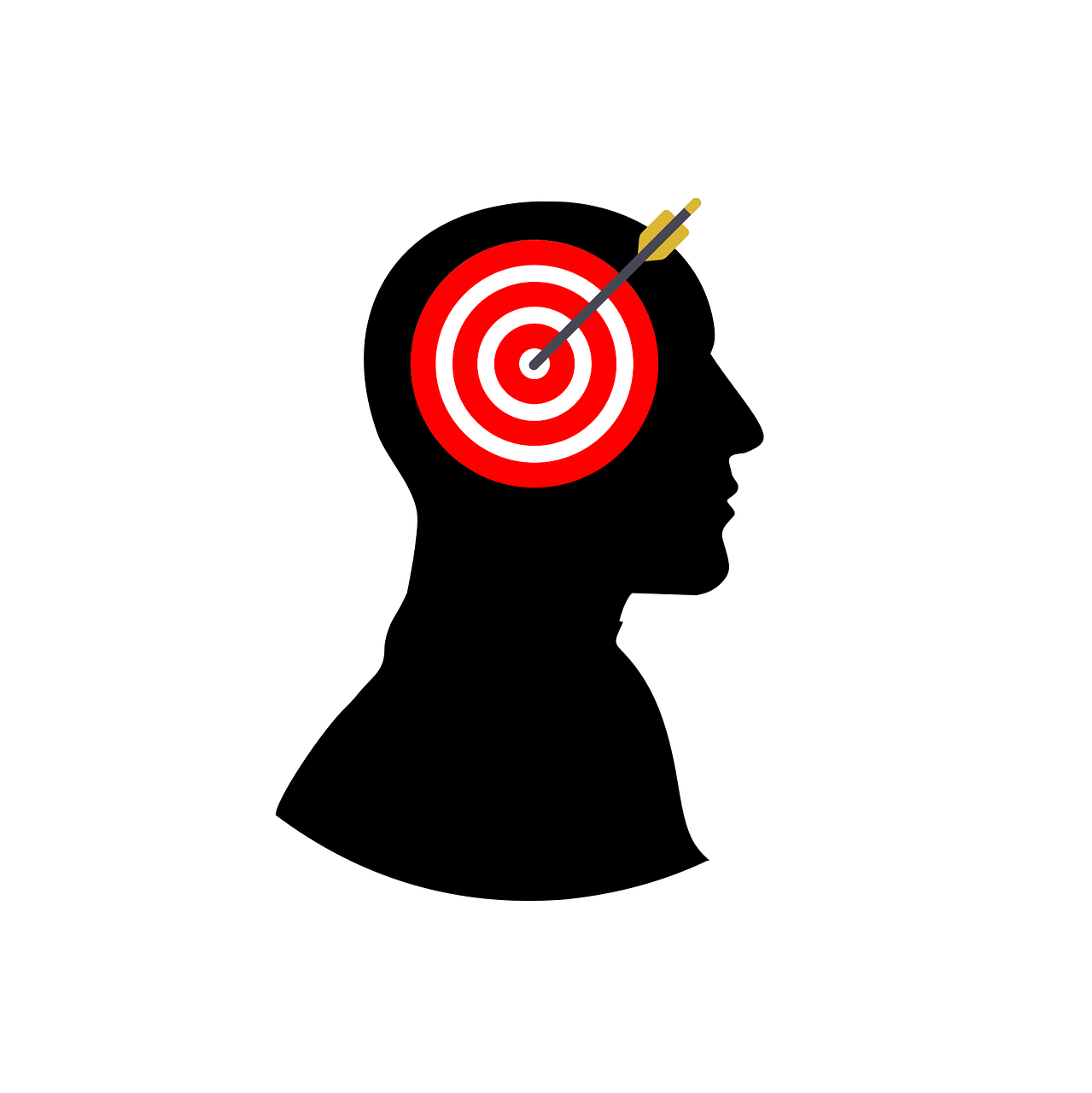 a silhouette of a man with a dart in his head, a stock photo, precisionism, a human head, marketing game illustration, archery, who can open the mind