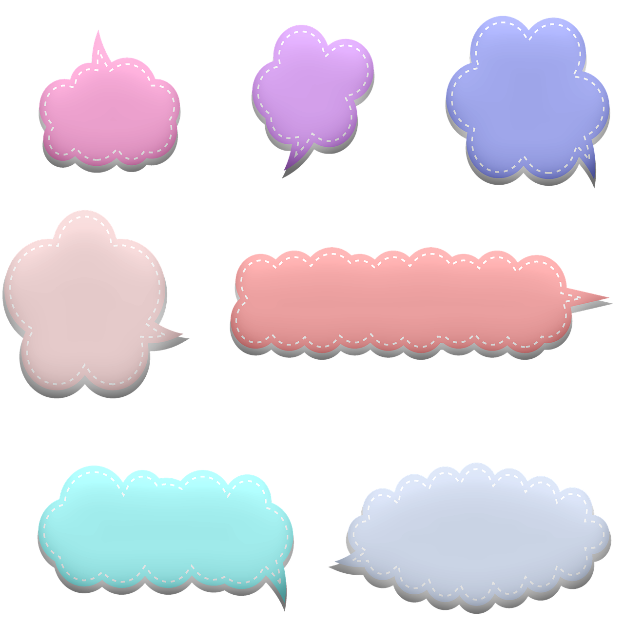 a set of speech bubbles on a white background, concept art, inspired by Katsushika Ōi, flickr, cotton candy clouds, purple and blue leather, 6 colors, border