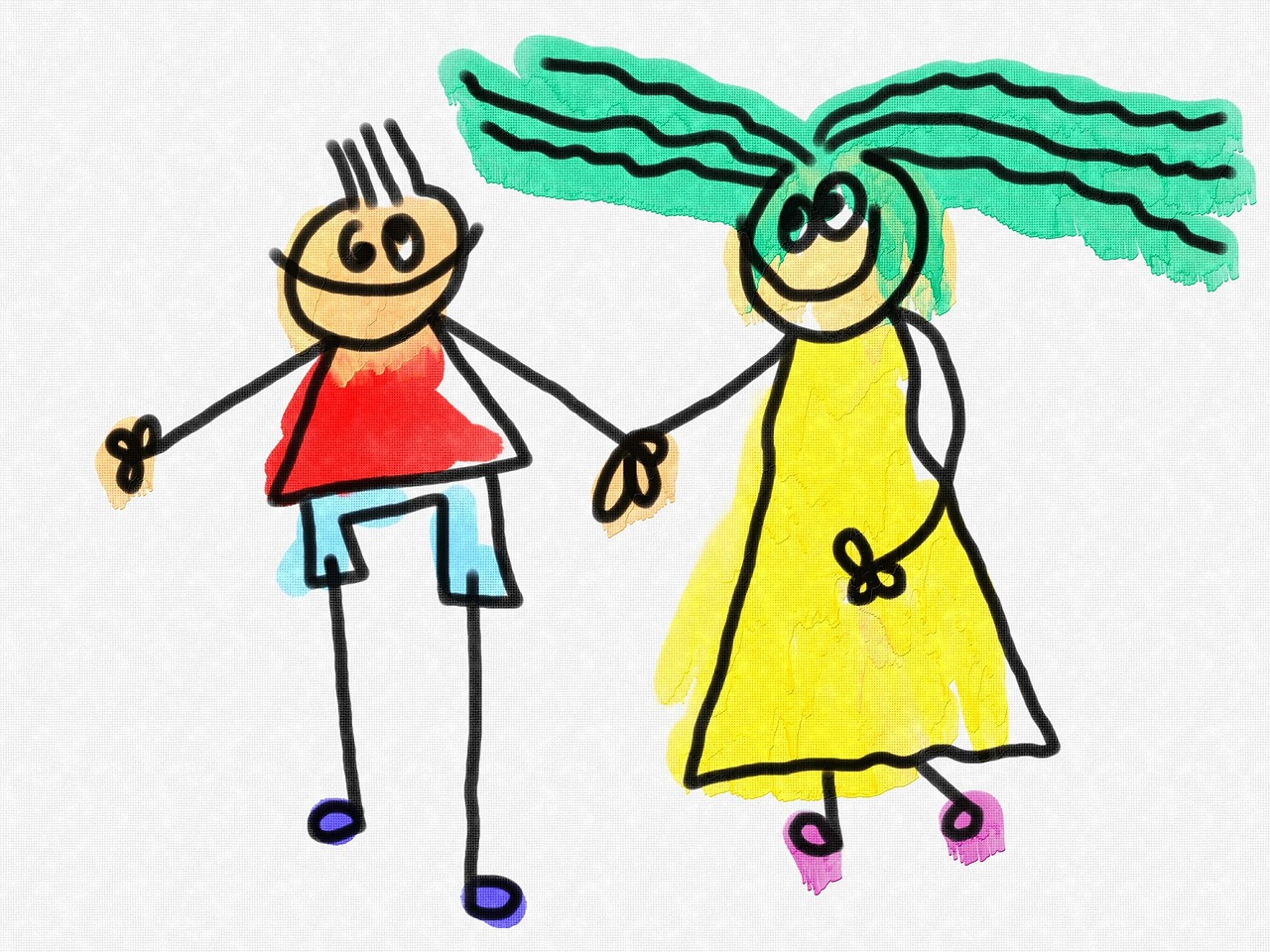 a drawing of a boy and a girl holding hands, a child's drawing, coloured comic, digitally remastered, loosely cropped, istockphoto