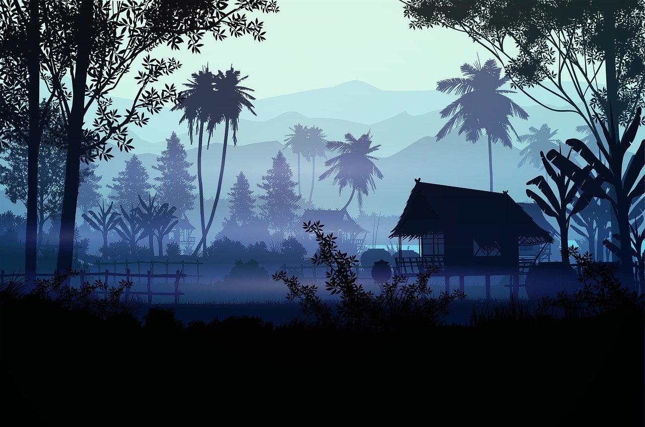 a house sitting in the middle of a forest, an illustration of, sumatraism, dawn background, blue fog, old asian village, tropical atmosphere