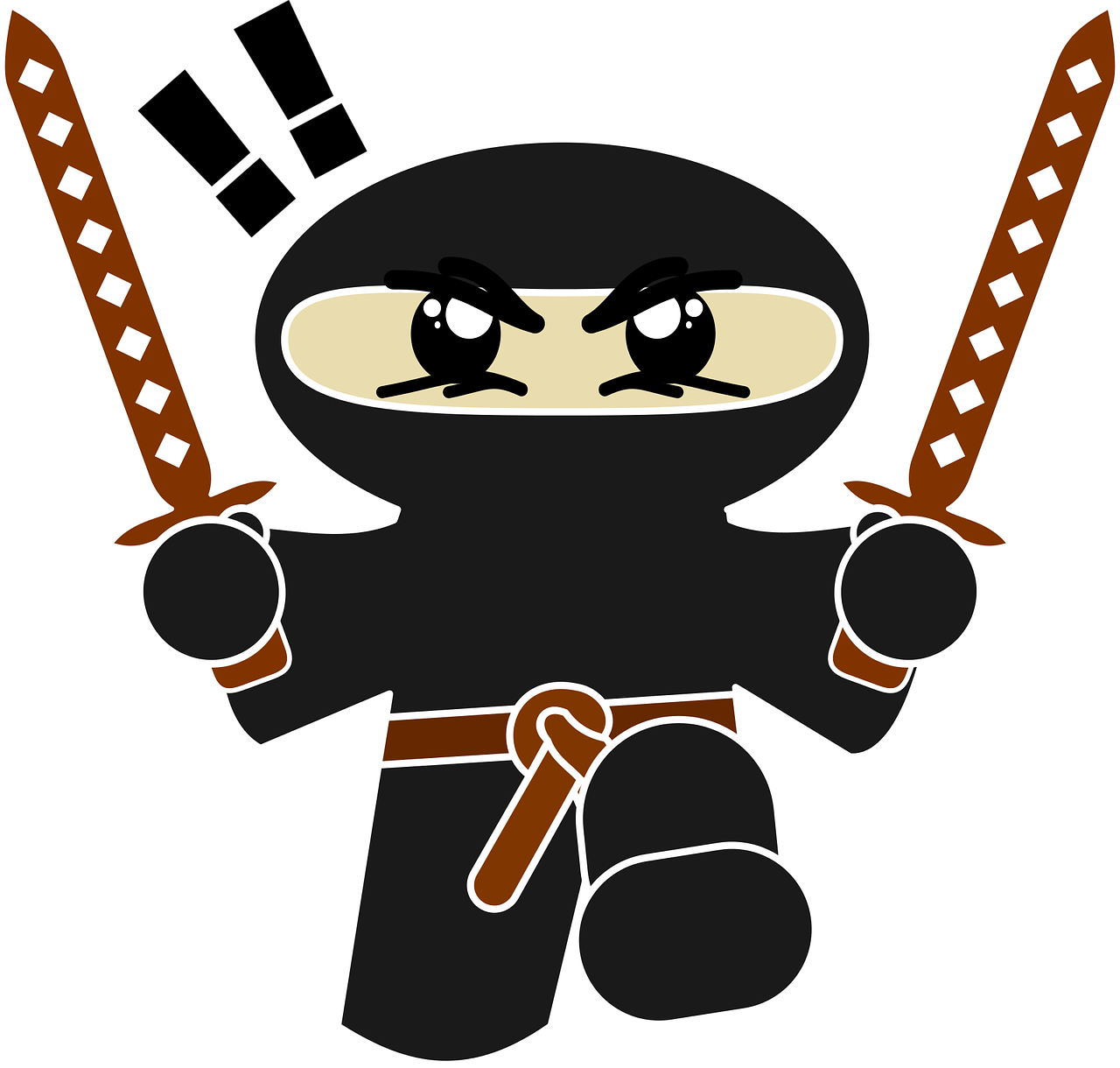 a cartoon ninja holding two swords, vector art, inspired by Shūbun Tenshō, mingei, lucy liu kill bill, kawaii swat team, black!!!!! background, blank stare
