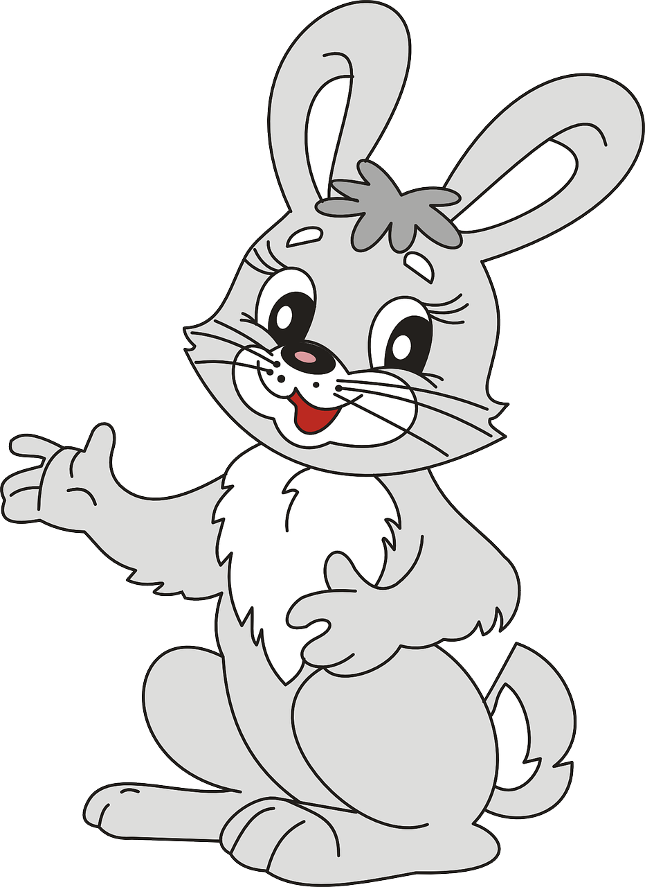 a cartoon rabbit sitting on its hind legs, a cartoon, inspired by Maurice Sendak, pixabay, silver, black, waving and smiling, a portrait of judy hopps
