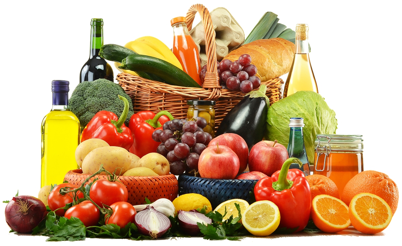 a variety of fruits and vegetables in a wicker basket, a picture, by Juan O'Gorman, shutterstock, renaissance, wine cellar full of food, on black background, banner, getting groceries