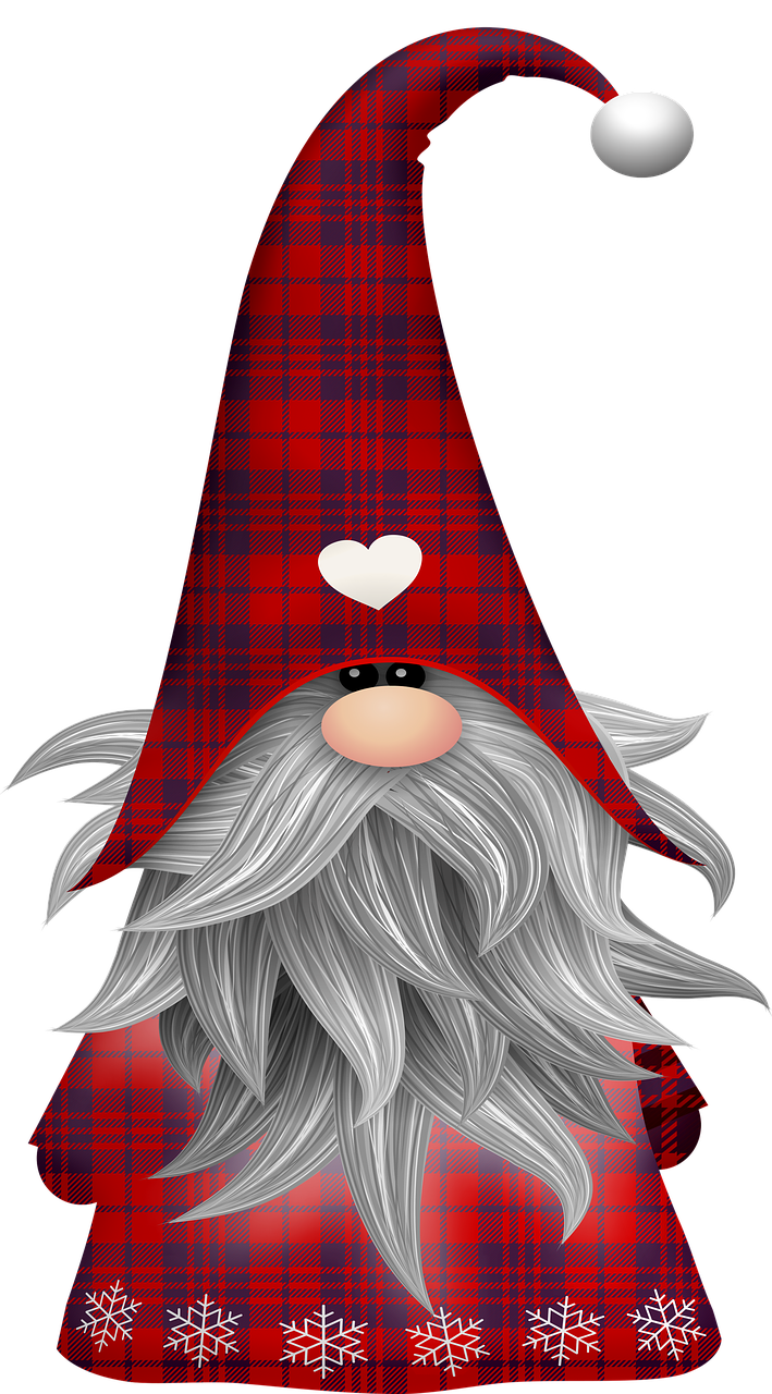 a gnome with long gray hair and a red hat, digital art, trending on pixabay, tartan garment, hearts, 1128x191 resolution, cute!!!