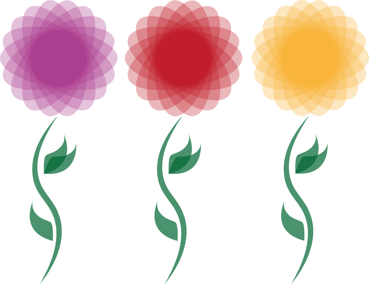 four different colored flowers on a black background, a screenshot, inspired by Masamitsu Ōta, stylized silhouette, aubrey powell, zoomed out, 7 feet tall
