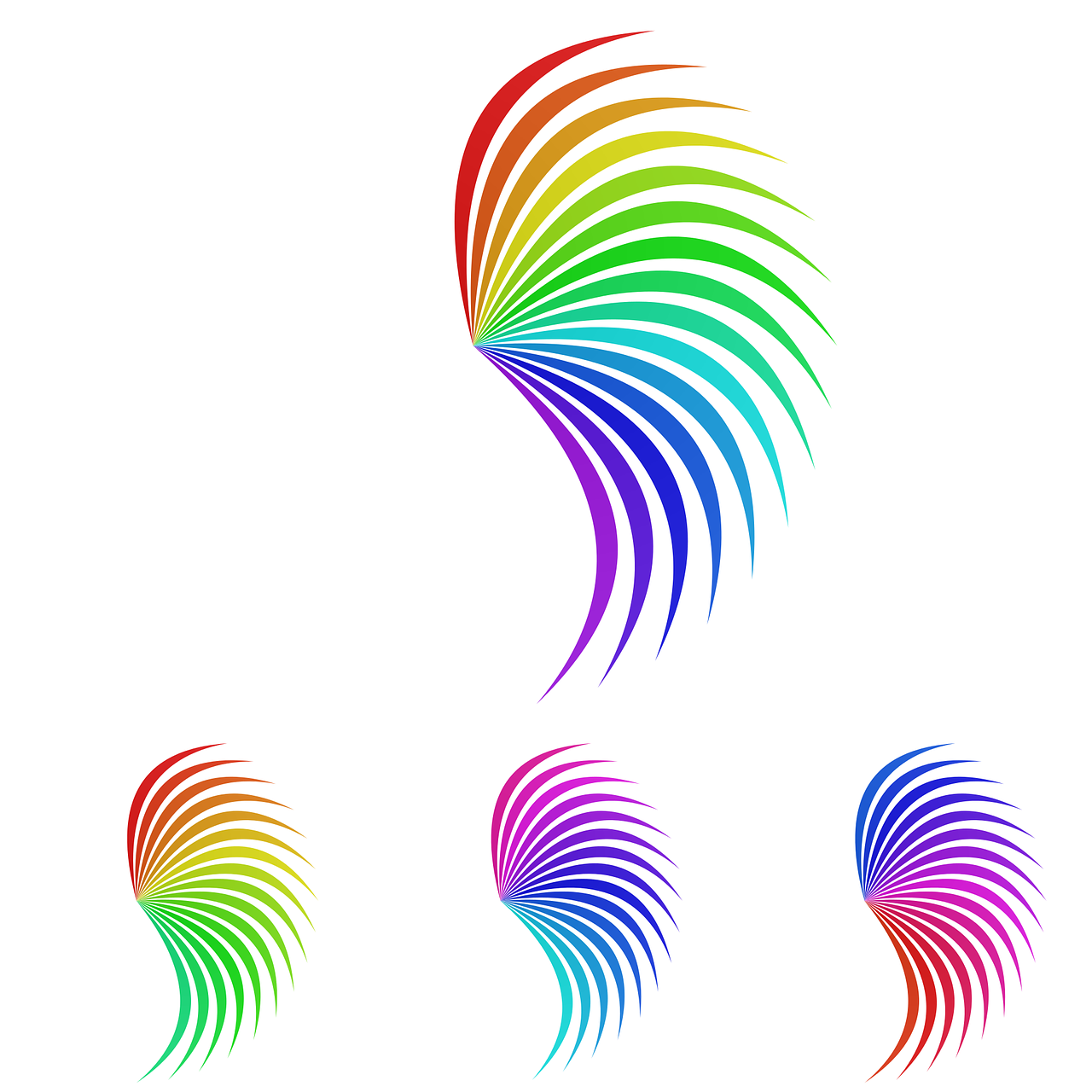 a group of colorful swirls on a white background, vector art, inspired by Gabriel Dawe, computer art, eagle logo, front back view and side view, 2d solid shape logo, 3 colours
