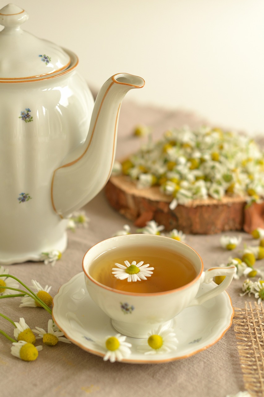 a tea pot sitting on top of a table next to a cup of tea, inspired by Wlodzimierz Tetmajer, trending on pixabay, dau-al-set, chamomile, square, astri lohne, botanicals