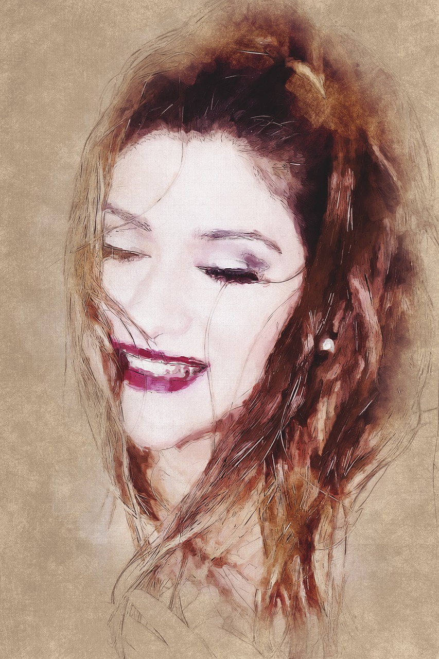 a painting of a woman with long hair, a digital painting, inspired by Vincenzo Irolli, art photography, charming smile, faint smile dark lipstick, portrait of zendaya, wind kissed picture