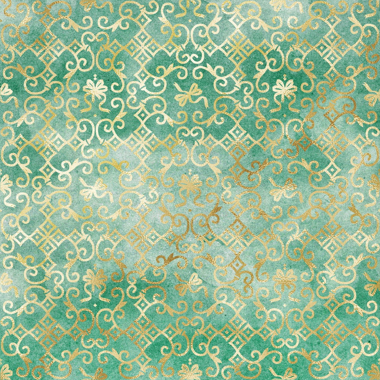 a green and gold wallpaper with ornate designs, a digital rendering, inspired by Yanagawa Nobusada, aquamarine windows, watercolor background, lattice, delicate garden on paper